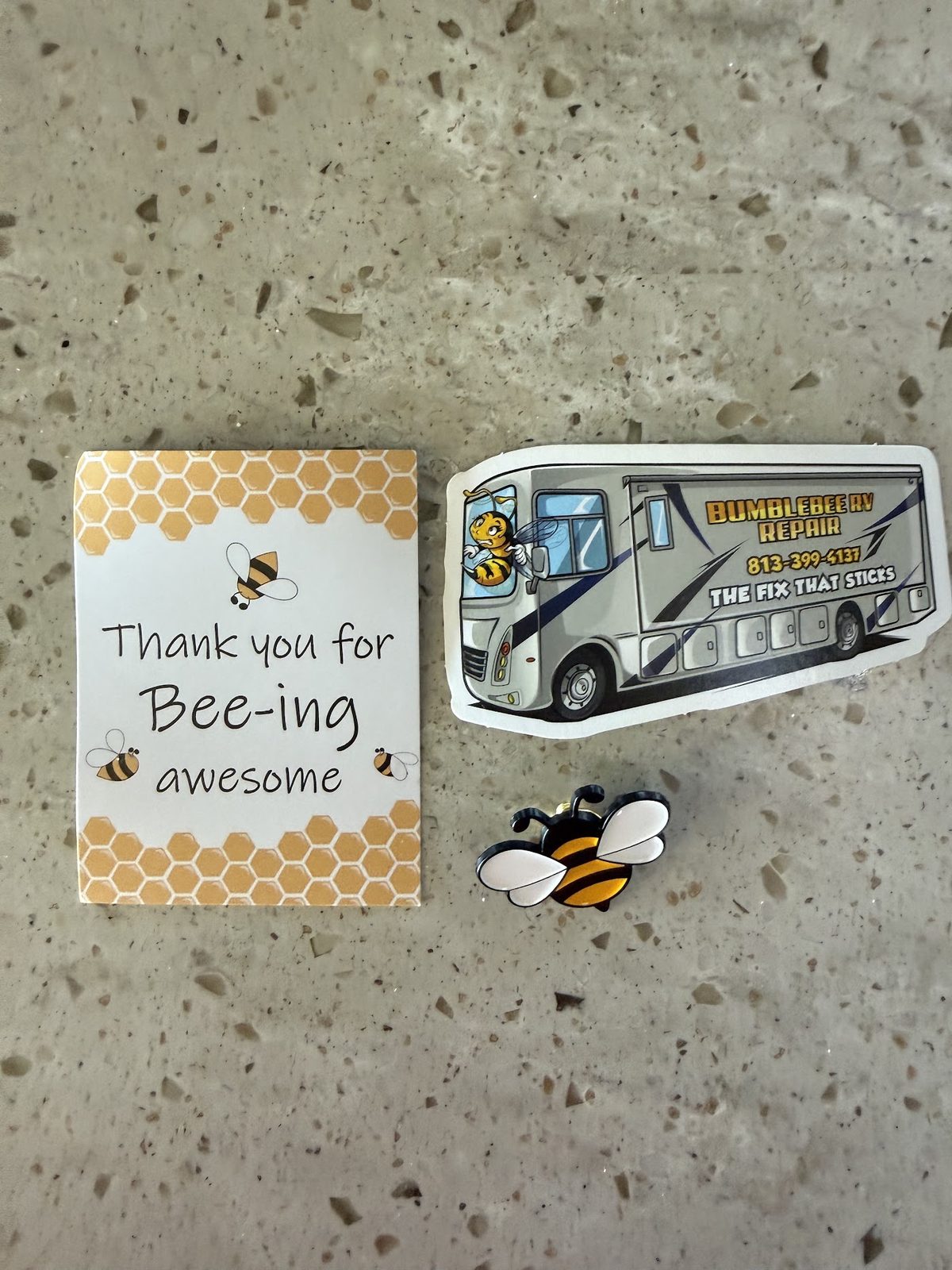 Bumblebee RV Repair thank-you card and bee stickers given to customers